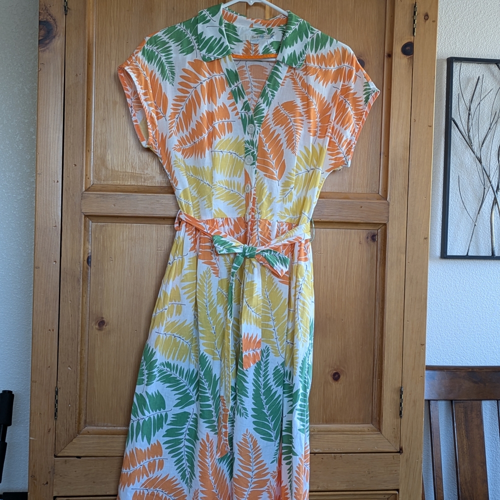 Boden Linen Blend Tropical Leaf Print Sea town Shirt Dress